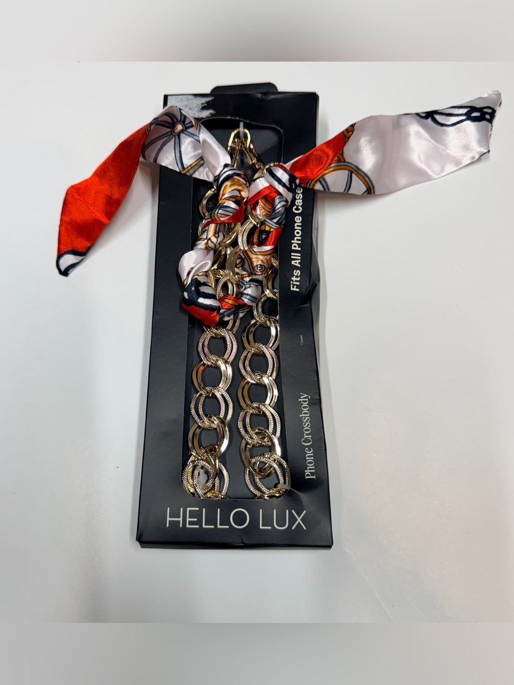 Gold Chain Phone Crossbody with Red & White Scarf Accent